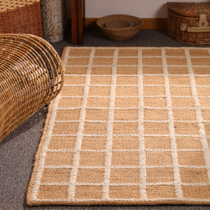 Handwoven Natural Jute Rug with White Grid Pattern | Eco-Friendly Checkered Area Rug | Handmade Boho Farmhouse Carpet