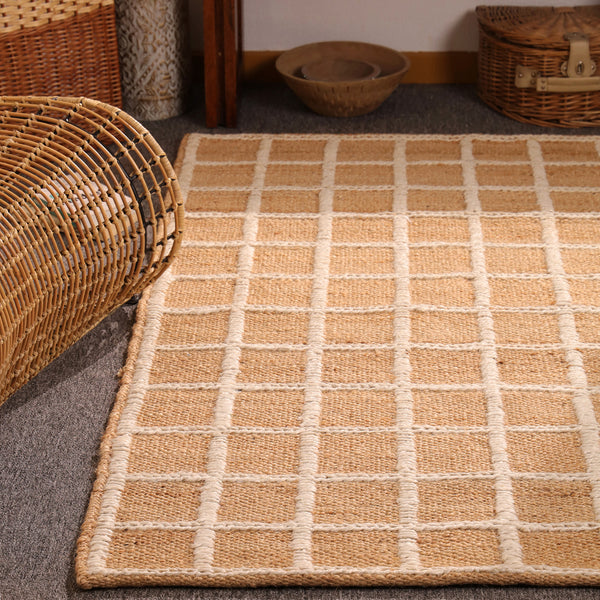 Handwoven Natural Jute Rug with White Grid Pattern | Eco-Friendly Checkered Area Rug | Handmade Boho Farmhouse Carpet