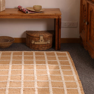 Handwoven Natural Jute Rug with White Grid Pattern | Eco-Friendly Checkered Area Rug | Handmade Boho Farmhouse Carpet