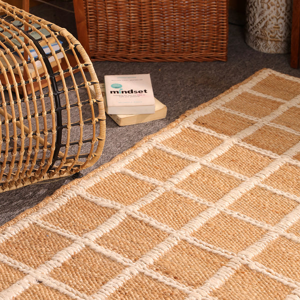 Handwoven Natural Jute Rug with White Grid Pattern | Eco-Friendly Checkered Area Rug | Handmade Boho Farmhouse Carpet
