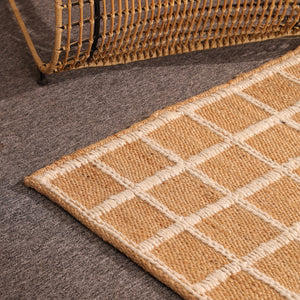 Handwoven Natural Jute Rug with White Grid Pattern | Eco-Friendly Checkered Area Rug | Handmade Boho Farmhouse Carpet