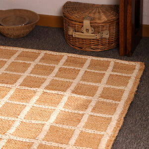 Handwoven Natural Jute Rug with White Grid Pattern | Eco-Friendly Checkered Area Rug | Handmade Boho Farmhouse Carpet