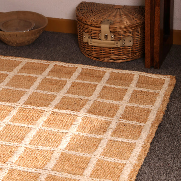 Handwoven Natural Jute Rug with White Grid Pattern | Eco-Friendly Checkered Area Rug | Handmade Boho Farmhouse Carpet