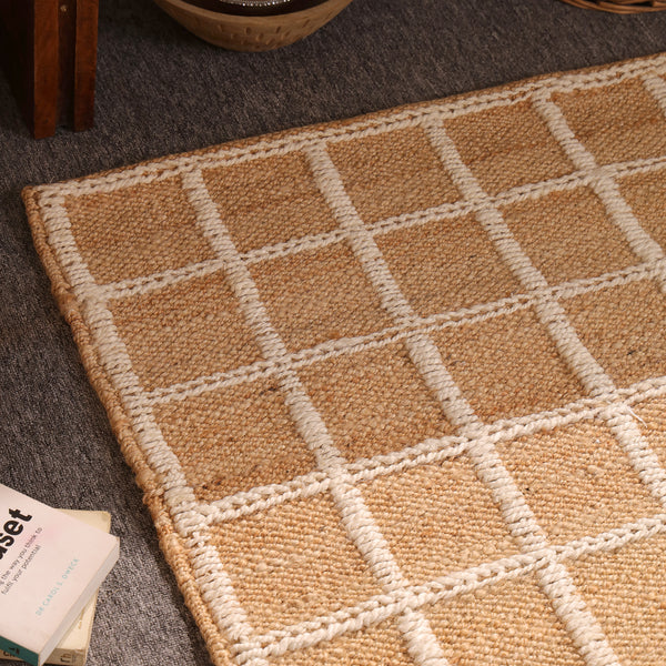 Handwoven Natural Jute Rug with White Grid Pattern | Eco-Friendly Checkered Area Rug | Handmade Boho Farmhouse Carpet