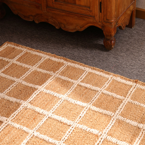 Handwoven Natural Jute Rug with White Grid Pattern | Eco-Friendly Checkered Area Rug | Handmade Boho Farmhouse Carpet