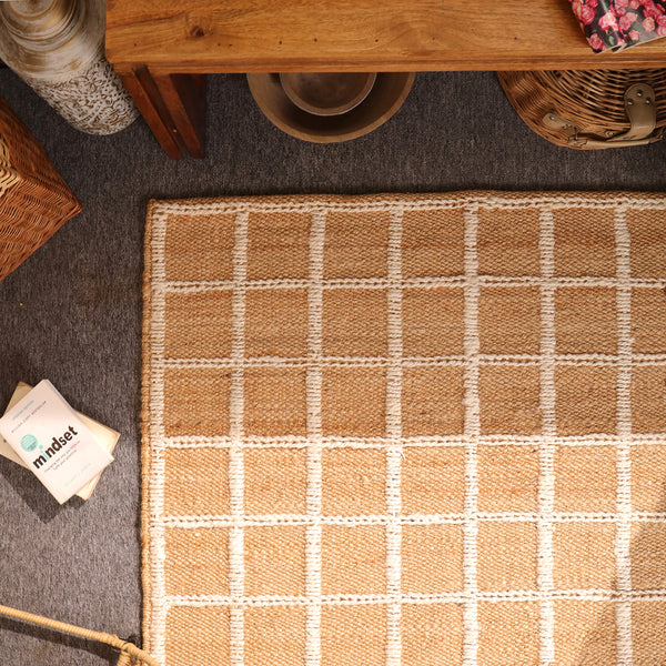Handwoven Natural Jute Rug with White Grid Pattern | Eco-Friendly Checkered Area Rug | Handmade Boho Farmhouse Carpet