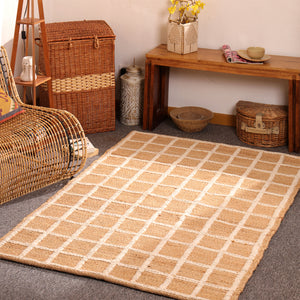 Handwoven Natural Jute Rug with White Grid Pattern | Eco-Friendly Checkered Area Rug | Handmade Boho Farmhouse Carpet