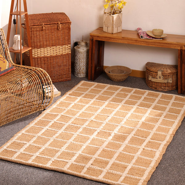 Handwoven Natural Jute Rug with White Grid Pattern | Eco-Friendly Checkered Area Rug | Handmade Boho Farmhouse Carpet