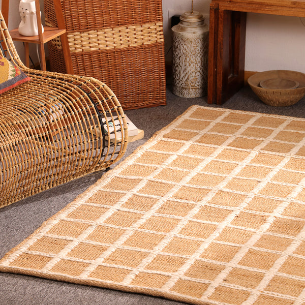 Handwoven Natural Jute Rug with White Grid Pattern | Eco-Friendly Checkered Area Rug | Handmade Boho Farmhouse Carpet