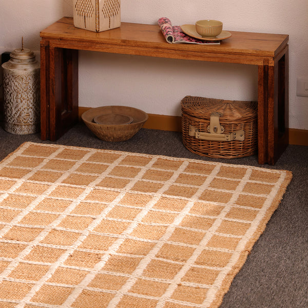 Handwoven Natural Jute Rug with White Grid Pattern | Eco-Friendly Checkered Area Rug | Handmade Boho Farmhouse Carpet