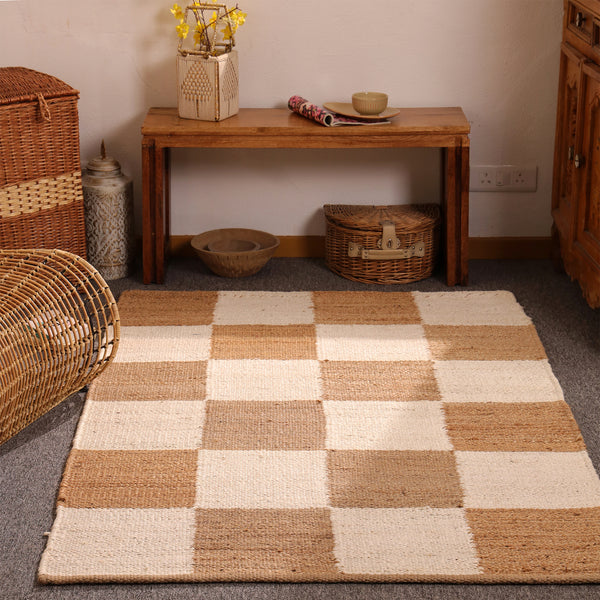 Handwoven Checkered Jute & Cotton Area Rug Natural Beige & Ivory Farmhouse Rug