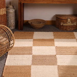 Handwoven Checkered Jute & Cotton Area Rug Natural Beige & Ivory Farmhouse Rug
