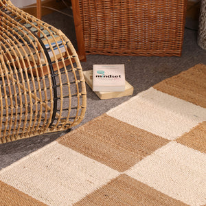 Handwoven Checkered Jute & Cotton Area Rug Natural Beige & Ivory Farmhouse Rug