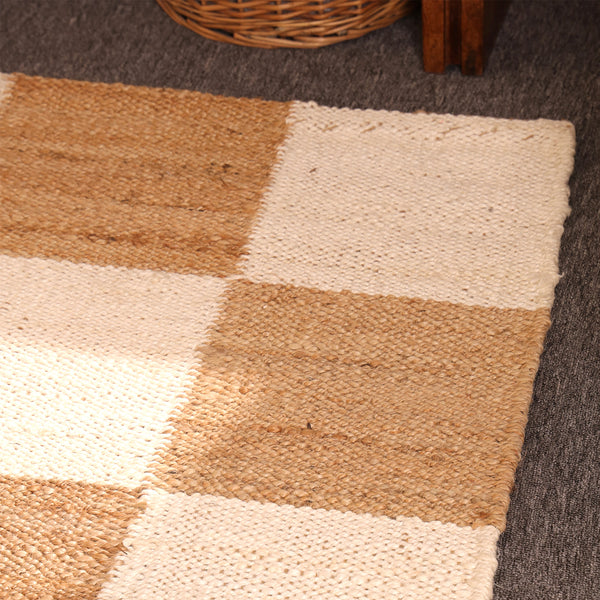 Handwoven Checkered Jute & Cotton Area Rug Natural Beige & Ivory Farmhouse Rug