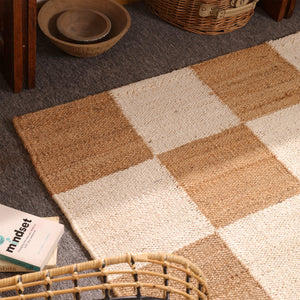 Handwoven Checkered Jute & Cotton Area Rug Natural Beige & Ivory Farmhouse Rug