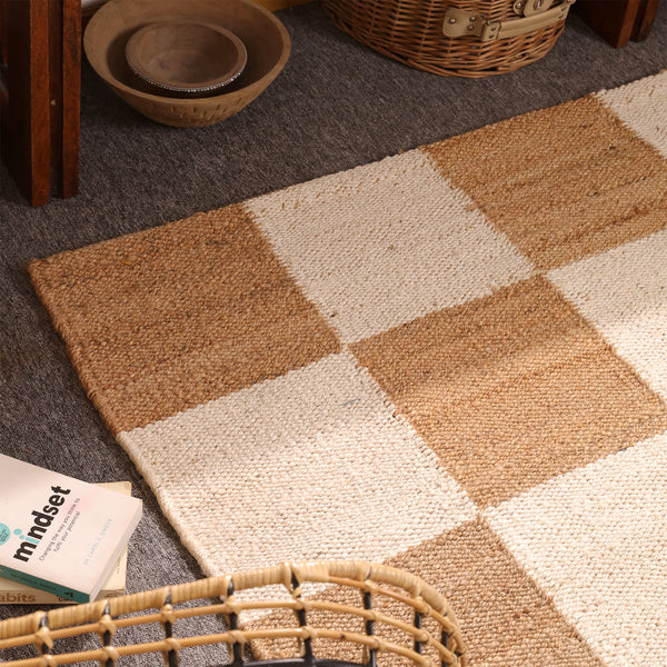 Handwoven Checkered Jute & Cotton Area Rug Natural Beige & Ivory Farmhouse Rug