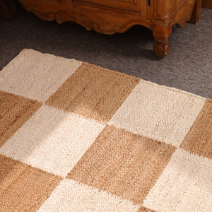 Handwoven Checkered Jute & Cotton Area Rug Natural Beige & Ivory Farmhouse Rug