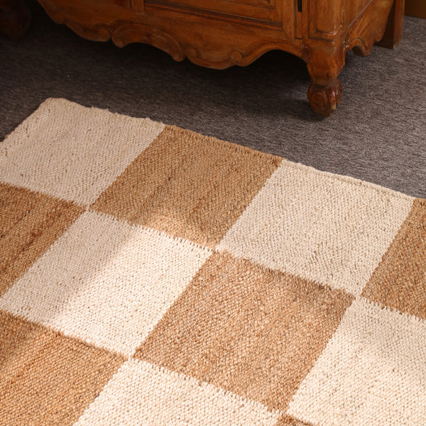 Handwoven Checkered Jute & Cotton Area Rug Natural Beige & Ivory Farmhouse Rug