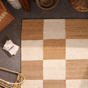 Handwoven Checkered Jute & Cotton Area Rug Natural Beige & Ivory Farmhouse Rug