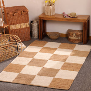 Handwoven Checkered Jute & Cotton Area Rug Natural Beige & Ivory Farmhouse Rug