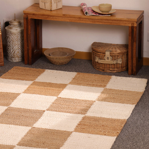Handwoven Checkered Jute & Cotton Area Rug Natural Beige & Ivory Farmhouse Rug