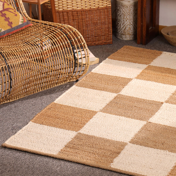 Handwoven Checkered Jute & Cotton Area Rug Natural Beige & Ivory Farmhouse Rug