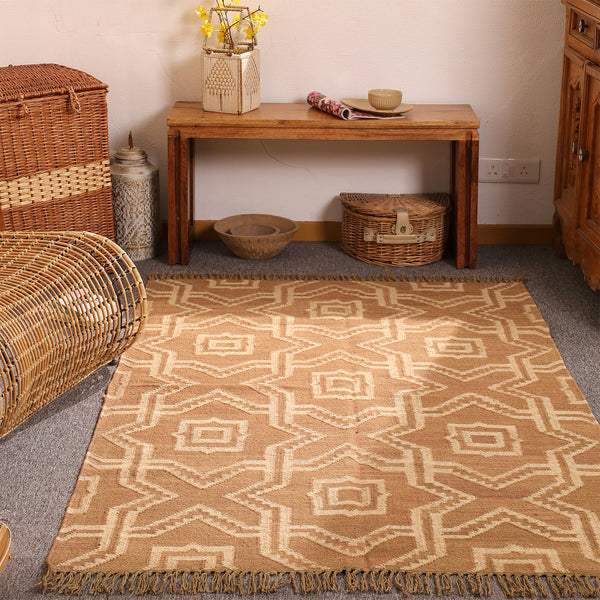 Handwoven Natural jute Area rug Beige Geometric Boho Rug with Tassels