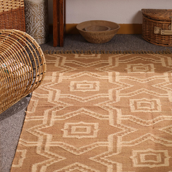 Handwoven Natural jute Area rug Beige Geometric Boho Rug with Tassels