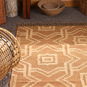Handwoven Natural jute Area rug Beige Geometric Boho Rug with Tassels