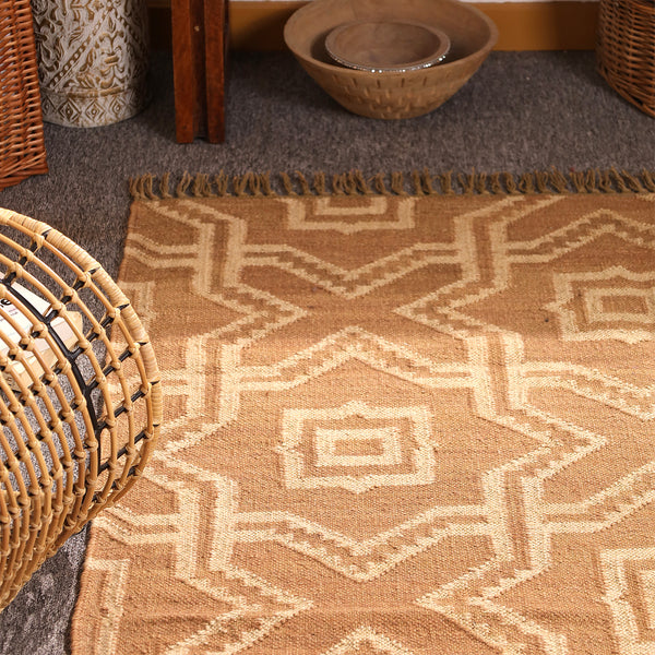 Handwoven Natural jute Area rug Beige Geometric Boho Rug with Tassels
