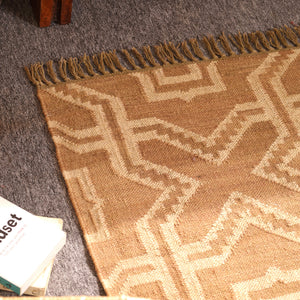 Handwoven Natural jute Area rug Beige Geometric Boho Rug with Tassels