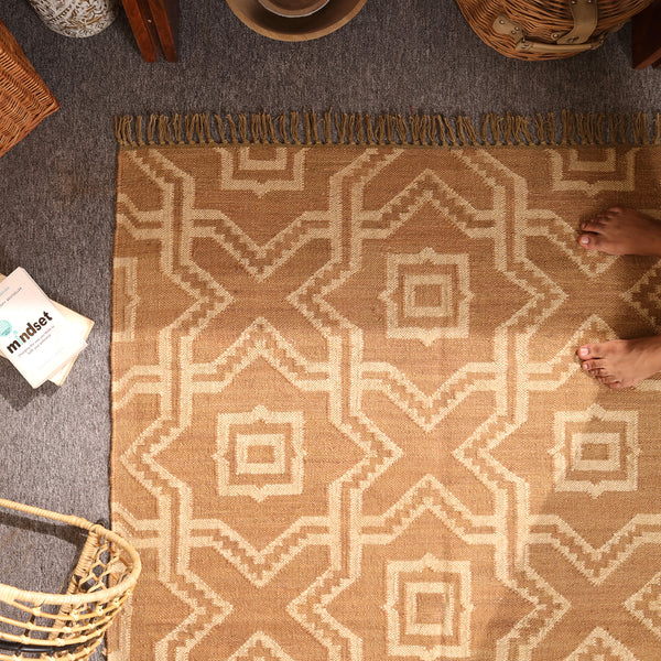 Handwoven Natural jute Area rug Beige Geometric Boho Rug with Tassels