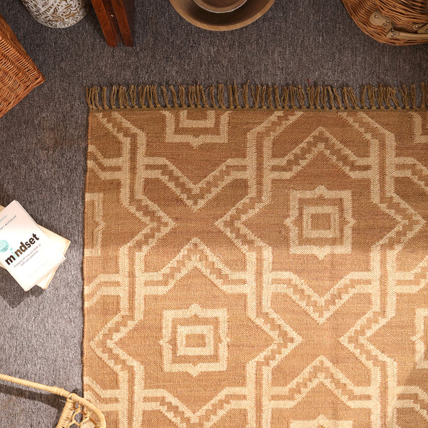 Handwoven Natural jute Area rug Beige Geometric Boho Rug with Tassels