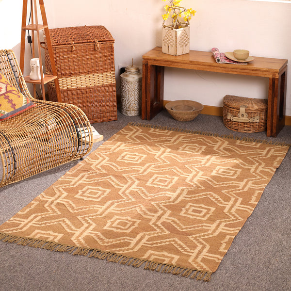 Handwoven Natural jute Area rug Beige Geometric Boho Rug with Tassels