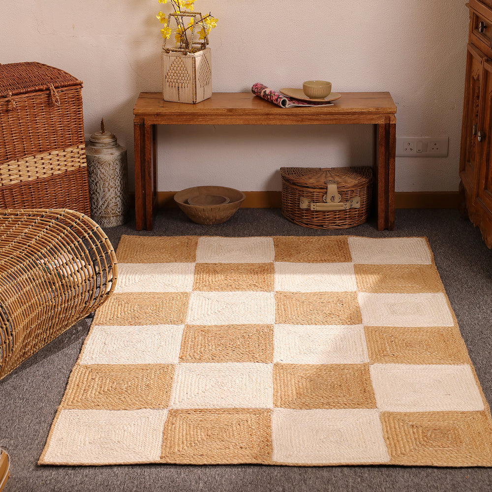Handwoven Checkered Jute & Cotton Area Rug Natural Beige & Ivory Farmhouse rug
