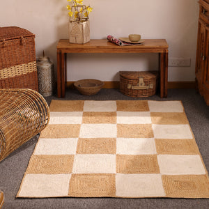 Handwoven Checkered Jute & Cotton Area Rug Natural Beige & Ivory Farmhouse rug