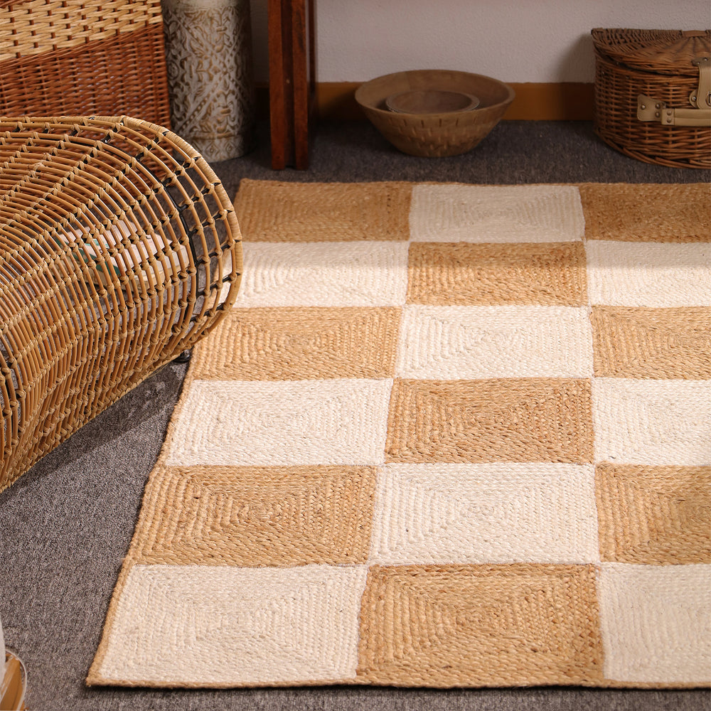 Handwoven Checkered Jute & Cotton Area Rug Natural Beige & Ivory Farmhouse rug