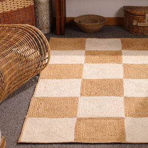 Handwoven Checkered Jute & Cotton Area Rug Natural Beige & Ivory Farmhouse rug