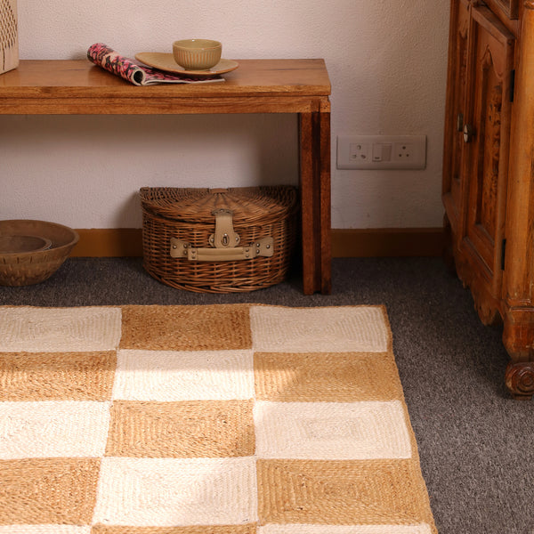 Handwoven Checkered Jute & Cotton Area Rug Natural Beige & Ivory Farmhouse rug