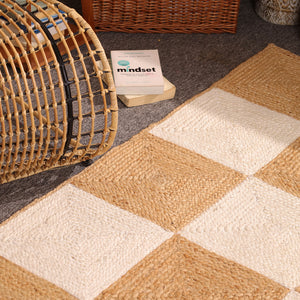 Handwoven Checkered Jute & Cotton Area Rug Natural Beige & Ivory Farmhouse rug