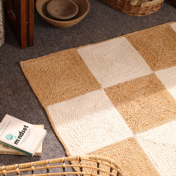 Handwoven Checkered Jute & Cotton Area Rug Natural Beige & Ivory Farmhouse rug