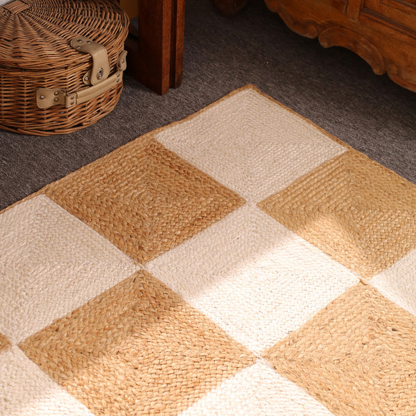 Handwoven Checkered Jute & Cotton Area Rug Natural Beige & Ivory Farmhouse rug