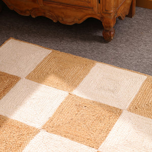 Handwoven Checkered Jute & Cotton Area Rug Natural Beige & Ivory Farmhouse rug