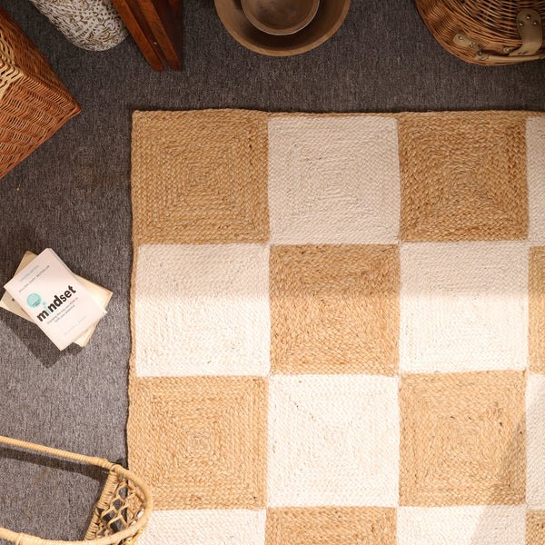 Handwoven Checkered Jute & Cotton Area Rug Natural Beige & Ivory Farmhouse rug