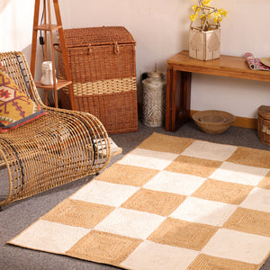 Handwoven Checkered Jute & Cotton Area Rug Natural Beige & Ivory Farmhouse rug