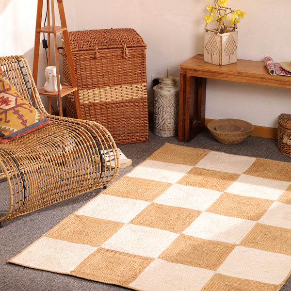 Handwoven Checkered Jute & Cotton Area Rug Natural Beige & Ivory Farmhouse rug