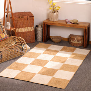 Handwoven Checkered Jute & Cotton Area Rug Natural Beige & Ivory Farmhouse rug