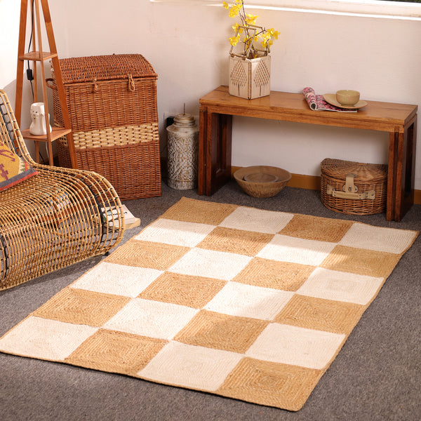 Handwoven Checkered Jute & Cotton Area Rug Natural Beige & Ivory Farmhouse rug