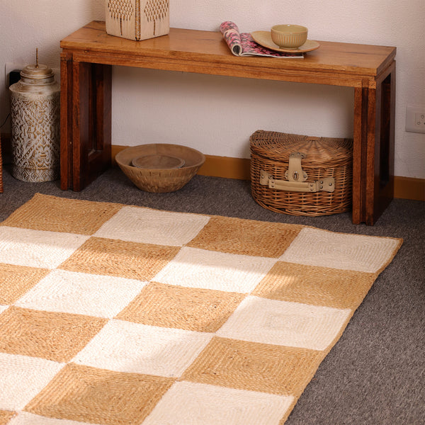 Handwoven Checkered Jute & Cotton Area Rug Natural Beige & Ivory Farmhouse rug
