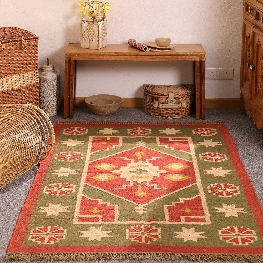 Handwoven Southwestern Kilim Rug Red & Olive Green Geometric Wool Jute Area Rug